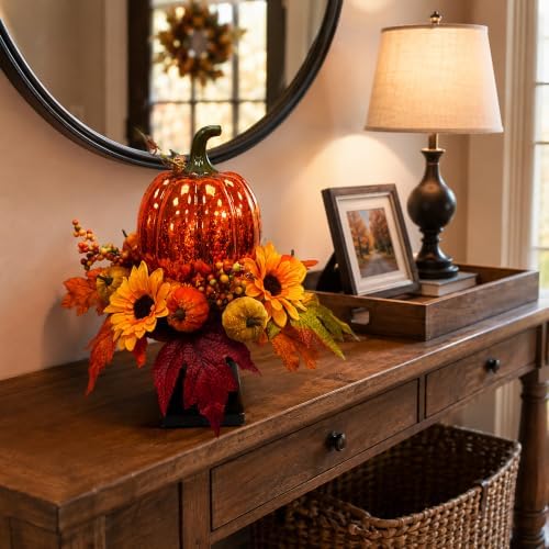 Svndlyn 15 Inch Lighted Fall Pumpkin Arrangement with Pumpkin, Daisies - Image 6