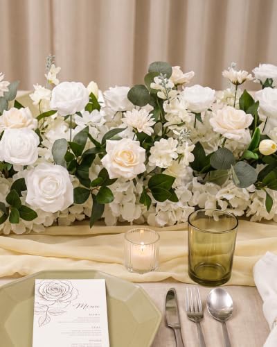 36 Inch Artificial Flower Garland with Chiffon Drape, White Rose and Greenery Floral Runner, Luxury Wedding Centerpieces for Tables, Arch, Aisle, Head Table and Ceremony Decor - Image 3