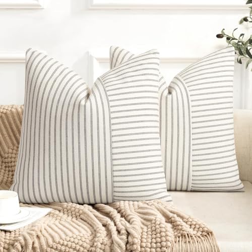 YCOLL Farmhouse Euro Sham Pillow Covers 26x26, Modern Throw Pillow Covers Set of 2, Gray and Beige Striped Patchwork Linen Decorative Pillows Cushion Covers for Bed Sofa Couch Living Room Home Decor by PillowCoversExpert
