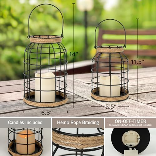 Rustic Farmhouse Decorative Lantern Set of 2, Boho Lanterns with LED Candles, Modern Farmhouse Indoor Outdoor Decor for Living Room Patio Porch Fireplace Kitchen Dining Table Centerpiece - Image 4
