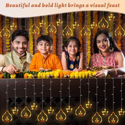 Riakrum 2 Pcs 8.2 ft Diya Lights Diwali String Lights Curtain 120 LED Lights Indoor Light Lamps for Diwali Decorations for Home Wall Window Indian Wedding Garden Bedroom Outdoor Christmas Party Gift - Image 4