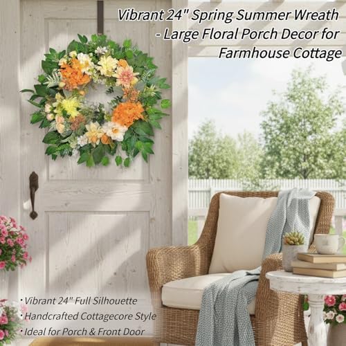 24" Large Wreath for Front Door - Artificial Orange Hydrangea Peony Yellow Dahlia Wreath - Summer Floral Farmhouse Porch Decor, Sun-Kissed Welcome Sign for Wall & Window - Image 5