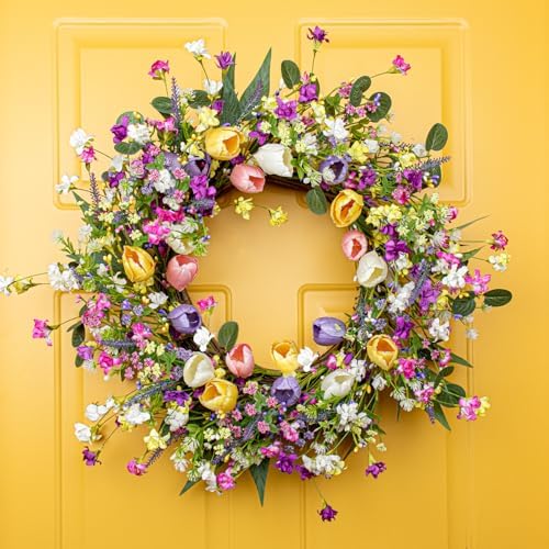 22 Inches Spring Wreaths for Front Door Rustic Summer Door Wreath Colorful Spring Floral Wreaths Farmhouse Summer Tulip Wreath for Window Front Porch Home Indoor Inside Outside Decoration - Image 2