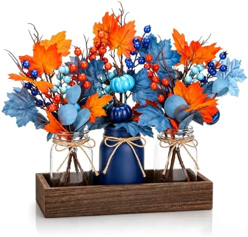 Rtteri 3 Pcs Blue and Orange Fall Mason Jar Centerpiece with Wood Tray by Rtteri