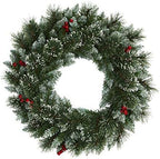 Nearly Natural 24in. Frosted Swiss Pine Artificial Wreath with 35 Clear LED Lights and Berries, Green, 5x24x24 - Image 3