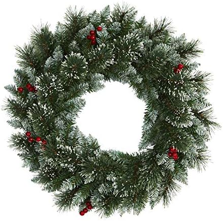 Nearly Natural 24in. Frosted Swiss Pine Artificial Wreath with 35 Clear LED Lights and Berries, Green, 5x24x24 - Image 3