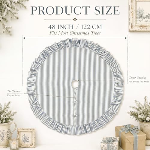 48 Inches Striped Christmas Tree Skirt Vintage Ruffle Decor, Blue - Image 2