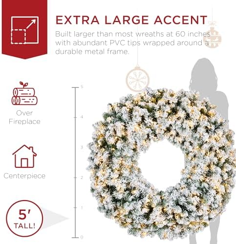 Best Choice Products 60in Large Flocked Artificial Pre-Lit Fir Christmas Wreath Holiday Accent Decoration w/ 300 2-in-1 LED Lights, 930 PVC Tips - Image 3