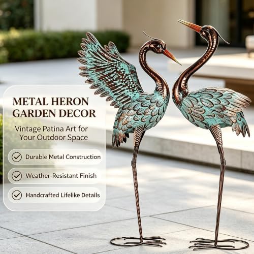 37" Blue Heron Statue Outdoor Decor, Large Metal Cranes, Patina - Image 7