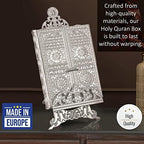 Luxury Metal Quran Box with Stand | Islamic Gift Box for Display | Fancy Bookrest with Kaaba Door Motif Decorated Quran Box | Holy Quran Storage Box with Lectern | Eid, Ramadan Decoration (NICKEL) - Image 3
