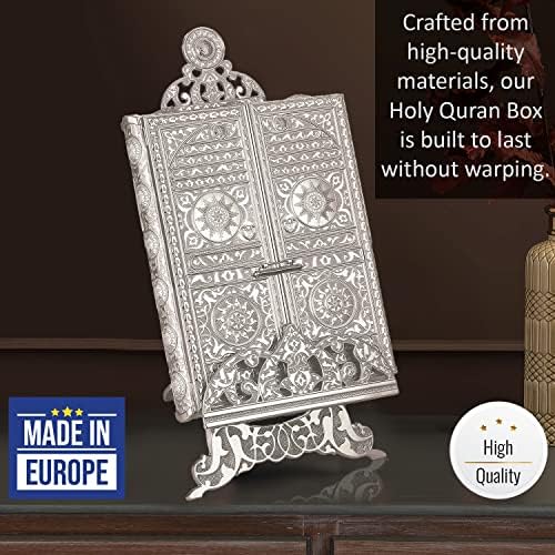 Luxury Metal Quran Box with Stand | Islamic Gift Box for Display | Fancy Bookrest with Kaaba Door Motif Decorated Quran Box | Holy Quran Storage Box with Lectern | Eid, Ramadan Decoration (NICKEL) - Image 3