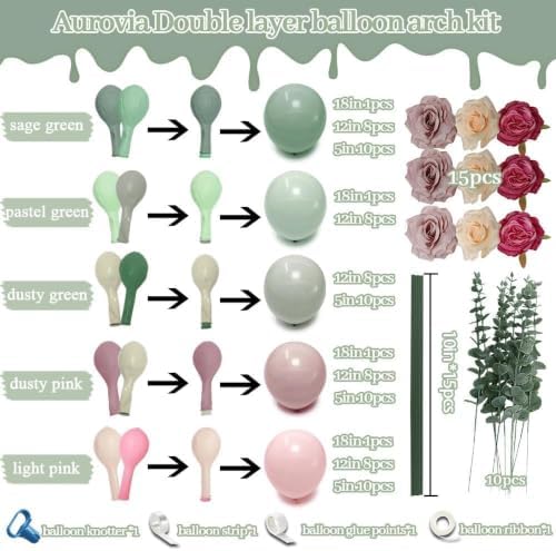 Pink Green Balloon Arch with Artificial Flowers Double Stuffed Dusty Light Pink Sage Green Balloon Garland Kit Eucalyptus Leaves for Baby in Bloom Birthday Bridal Shower Wildflower Party Decorations - Image 3