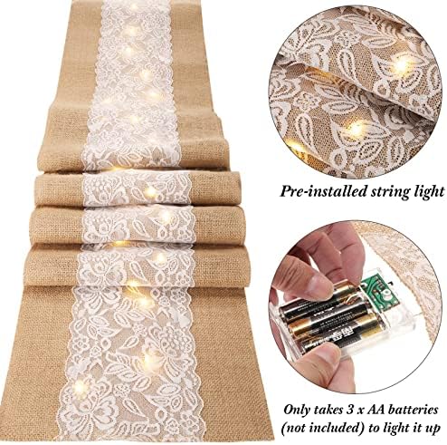 Xinnun 12 Pcs Burlap Table Runners with Lights Lace, 12 x 108 in, Flower - Image 3
