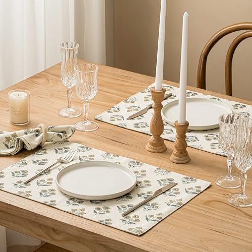 Block Print Floral Decorative Placemats Set of 6, Latte - Image 3