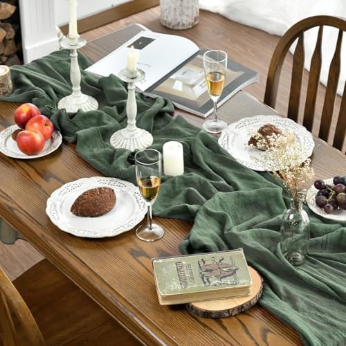 Artoid Mode Boho Forest Green Gauze 6 Pieces Wedding Table Runner, 120 Inch Birthday Fabric Kitchen Dining Holiday Table Decor for Home Party Indoor - Image 3