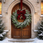 24'' Christmas Wreath for Front Door Real Touch Artificial Frosted Norfolk Pine Wreath with Burgundy Velvet Bow & Gold Bells for Indoor Outdoor Wall Window Porch Farmhouse Xmas Winter Holiday Decor - Image 5