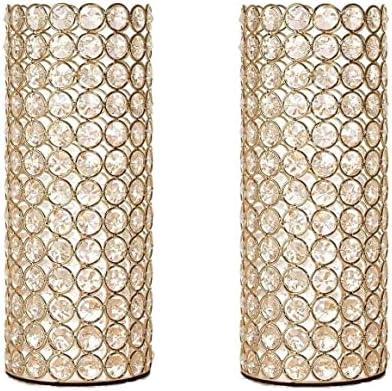 2 Pcs Gold Crystal Metal Tealight Candle Holder for Centerpieces, 10.4 inch Tall Blingbling Hurricane Candle Holder, Decorative Cylinder Vases for Centerpieces Room Decor Party by Bigsee