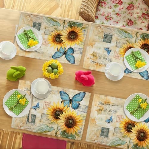Vintage Butterfly Sunflower Placemats Set of 6 Bless Home and All Who Enter Table Mats Place Mats Decor Imitation Linen Heat Resistant Tablecloth for Dining Kitchen Party Restaurants 12''x18'' - Image 3