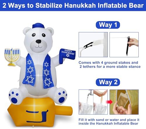 6 Foot Hanukkah Inflatables Outdoor Decorations Bear Holding a Star of David and Menorah with Built-in LED Lights, Blow up Hanukkah Decorations Outside Chanukah Decorations for Yard Garden Home Party - Image 5