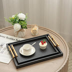 Modern Elegant Large Wood Serving Tray, Set of 2 Black Crocodile Leather with Gold Polished Metal Handles, Home Decorative Rectangle Ottoman Decor Platter Living Room Bathroom Vanity Tray - Image 6