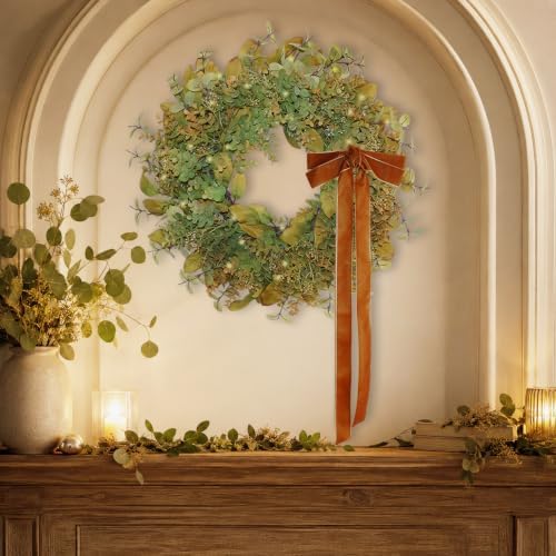 24 Inch Pre-Lit Boxwood Fall & Winter Wreath for Front Door Porch - Image 6