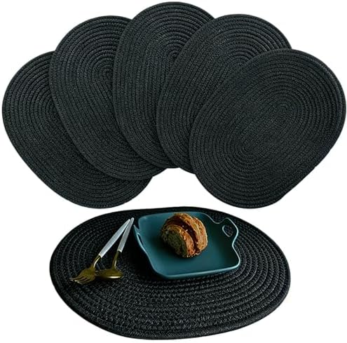 Braided Placemats Set of 6, Cotton Fabric Oval Table Mats Non Slip Washable 16 * 12 inch Oval Place Mats, 6 Pack Black Cotton Rope Woven Placemats for Wedding Birthday Baby Shower Party Decoration by Unknown