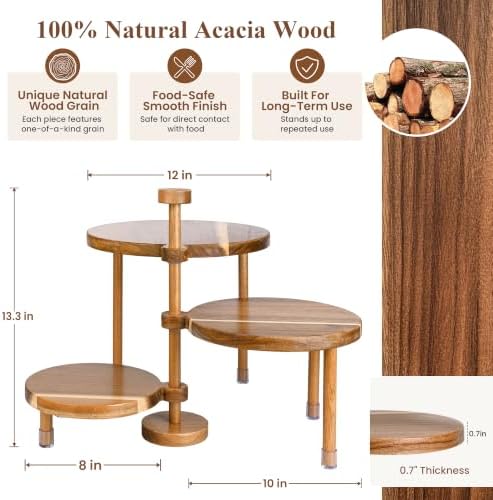 LOVYANXUE Acacia Wooden Cupcake Stand, 3 Tier Round Cake Stand 360° Rotatable Cupcake Tower with Tiered Serving Tray, Wood Dessert Table Display Set, Tiered Tray Stand for Party, Wedding (12/10/8 IN) - Image 7