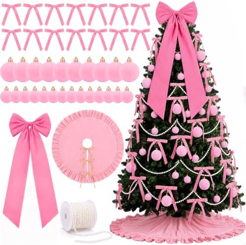 Riceshoot 63 Pcs Pink Velvet Christmas Tree Decorations Set by Zuqqaaoor