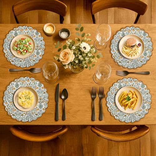 Ridhi Floral Block Print Round Placemats 15" in, Set of 4, Goldenrod Yellow - Image 3
