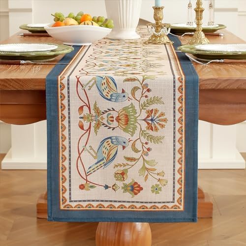Laolitou Designer Vintage Blue Bird Linen Table Runner, Farmhouse Cottage Rustic Table Runners, Floral Pattern Table Mat, Decoration for Kitchen Dining and Coffee Tables Banquet Christmas 13x72 Inches - Image 2