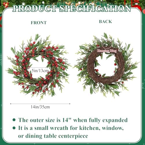 SHACOS Artificial Christmas Wreath 14" Set of 2 Small Winter Wreaths Pine Red Berries Xmas Decoration for Home Window Kitchen Cabinet Door Holiday Wreath, Red Green - Image 3