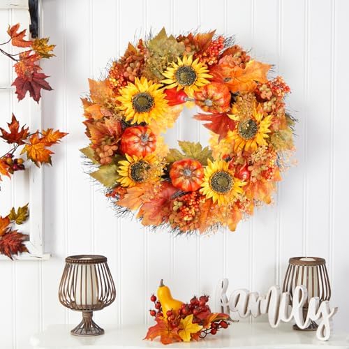 Fall Wreath, Pumpkin and Sunflowers Harvest Autumn Wreath, 22 Inch Wreaths for Front Door, Fall Wreaths for Indoors,Outdoors,Corridors, Offices. (Orange) - Image 7