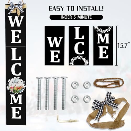 Welcome Sign for Front Porch– 47inch with 12 Wooden Interchangeable Vertical Home Wall Decor(6 double sided disks), Standing and Hanging Farmhouse Outdoor Indoor Decor Welcome Door Sign for - Image 3