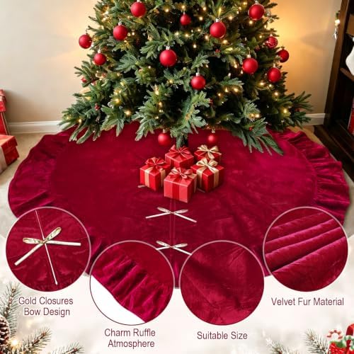 72 Inches Velvet Christmas Tree Skirt Decorations Red Luxury Xmas Fur Plush Skirts for Merry Christmas Party Rustic Vintage Holiday Home Winter - Image 5