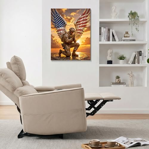 July 4th Patriotic Canvas Wall Art 4th of July USA Decorations American Flag Angel Soldier Picture Wall Decor Independence Day Home Decor 20x24in - Image 3