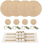Handmade Rustic Farmhouse Boho Placemats Set, Natural Water Hyacinth Cotton Jute Woven Table Mats with Coasters & Napkin Rings for Kitchen Dining Party (4, Handmade Placemats Set of 4) by BWZYdy