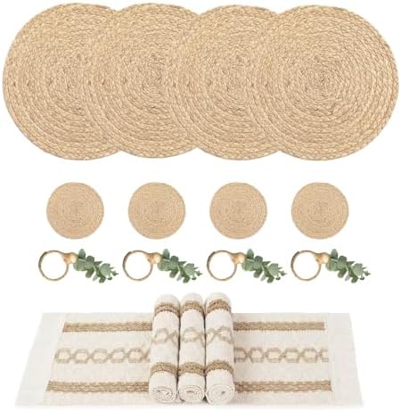 Handmade Rustic Farmhouse Boho Placemats Set, Natural Water Hyacinth Cotton Jute Woven Table Mats with Coasters & Napkin Rings for Kitchen Dining Party (4, Handmade Placemats Set of 4) by BWZYdy