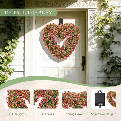 Valentine’s Day Solar Spring Wreath for Front Door 18inchWreath Pre-lit 30LED Wreaths Spring Summer Decor for Outside Aftificial Red Floral Wreaths Home Decorations Wreath - Image 2