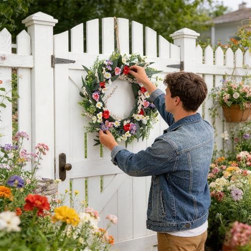 Garvee 20 Inch Artificial Spring Flower Wreath for Front Door - Image 6