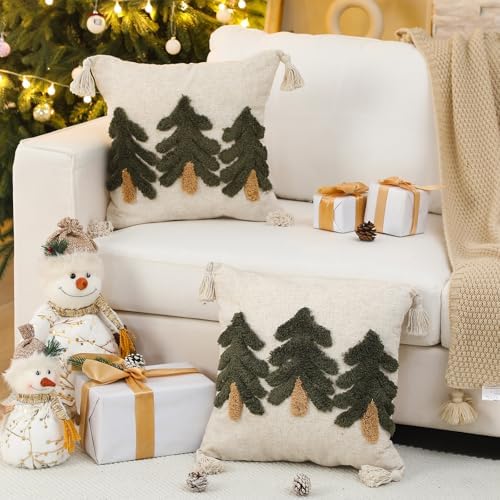 Mixweer 2 Pack Green Tufted Christmas Tree Pillow Covers 20 x 20 Inch Farmhouse Winter Throw Pillowcases with Tassels Green Tree Decorative Cushion Covers for Sofa Couch Holiday Party Home Decor - Image 4