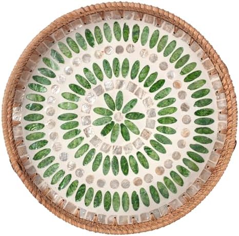 YANGQIHOME Round Serving Tray with Decorative Mother of Pearl Inlay, Wicker Tray for Home Decor, Table Decor, Gifts, Dining, Woven Tray for Food, Fruit, Coffee, 13.8 inch by YANGQIHOME