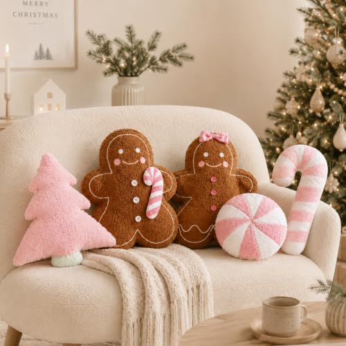 Geelin 5 Pcs Christmas Throw Pillows Gingerbread Xmas Tree Snowflake Candy - Image 2