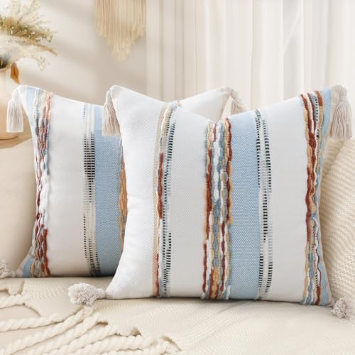 decorUhome Cream White and Light Blue Throw Pillow Covers 18x18 Set of 2 by decorUhome