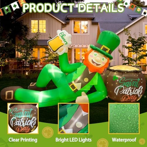 OurWarm 9FT St. Patrick's Day Inflatables Outdoor Decorations, Inflatable Leprechaun Holding Beer Leaned On A Pot of Gold, St Patricks Day Blow Up Inflatable for Yard Lawn Garden Holiday Party Decor - Image 5
