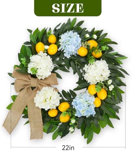 22 Inch Lemon Wreath for Front Door, Spring Summer Wreaths for Outside with Hydrangeas, Greenery and Burlap Bow, Artificial Citrus Floral Wreath for Farmhouse Porch Wall Window Kitchen Decor - Image 5
