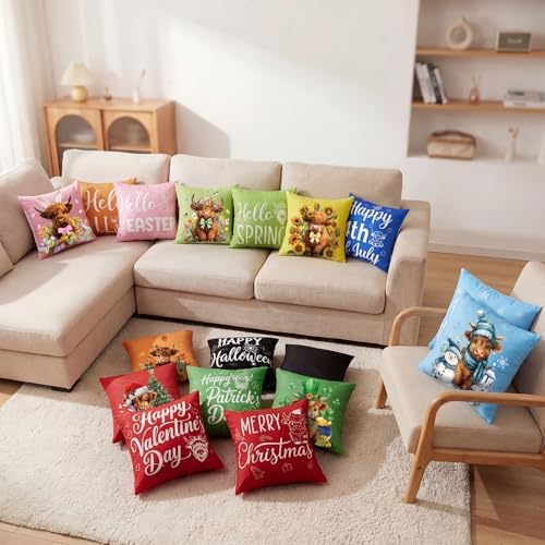 Mindsoft 20 Pcs Holiday Pillow Covers 18 x 18 Easter Pillow Cover Spring Summer 250th Anniversary Pillowcase Decorative Seasonal Cushion Case for Farmhouse Home Sofa(Highland Cow) - Image 6