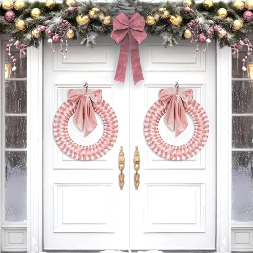 Pink Christmas Velvet Wreath 14" Xmas Wreath Ornament with Bow for Indoor and Outdoor Decor Christmas Wreath Ornament for Christmas Party Table Fireplaces Porch Walls Home Decor - Image 6