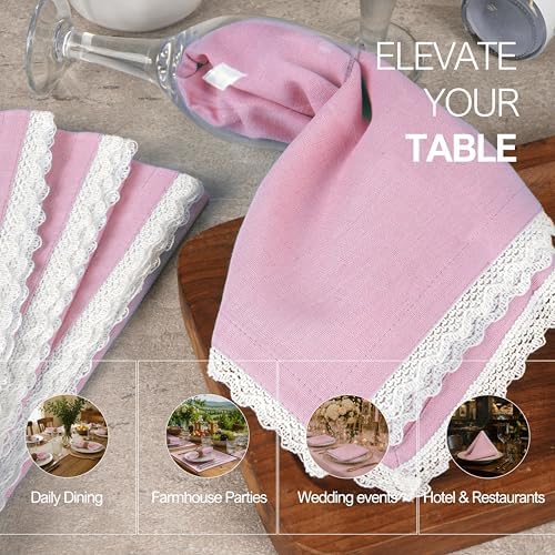 FINGERCRAFT Lace Cloth Napkins, Cotton Linen 12 Pack, 20x20 in, Pastel Rose - Image 5
