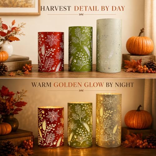Wind Shear Fall Harvest Glass Lanterns Set of 3, Autumn Lighted Table Decor - Image 3