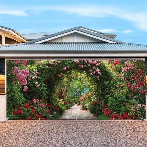 7 * 16FT Summer Garage Door Cover Decorations Sunset Palm Trees Garage Door Banner for Outdoor Indoor Summer Party Photography Backdrop (flower arch, 7 * 16 ft) - Image 4